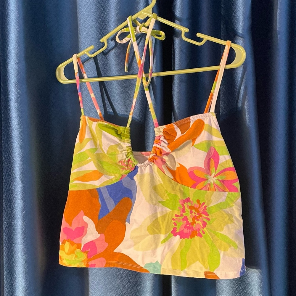 Floral bright camisole Tank Top with halter tie